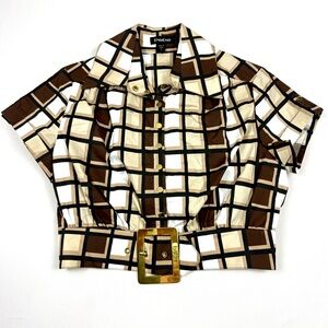 Bebe Brown Cream and White Plaid Belted Short Sleeve Crop Top with Gold Accents